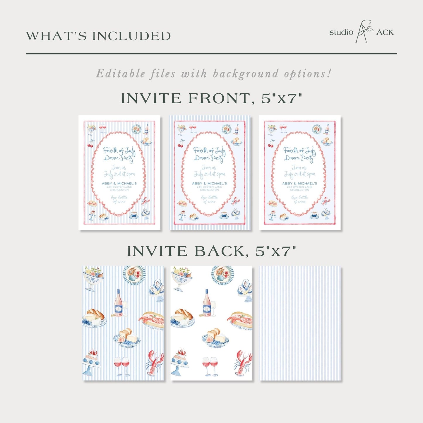 Summer Dinner Party Invitation, Fourth of July Coastal Americana Watercolor Design with Stripes, Adult Gathering Red, White & Blue Invite