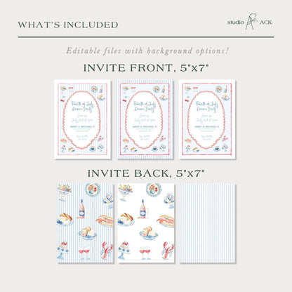Summer Dinner Party Invitation, Fourth of July Coastal Americana Watercolor Design with Stripes, Adult Gathering Red, White & Blue Invite