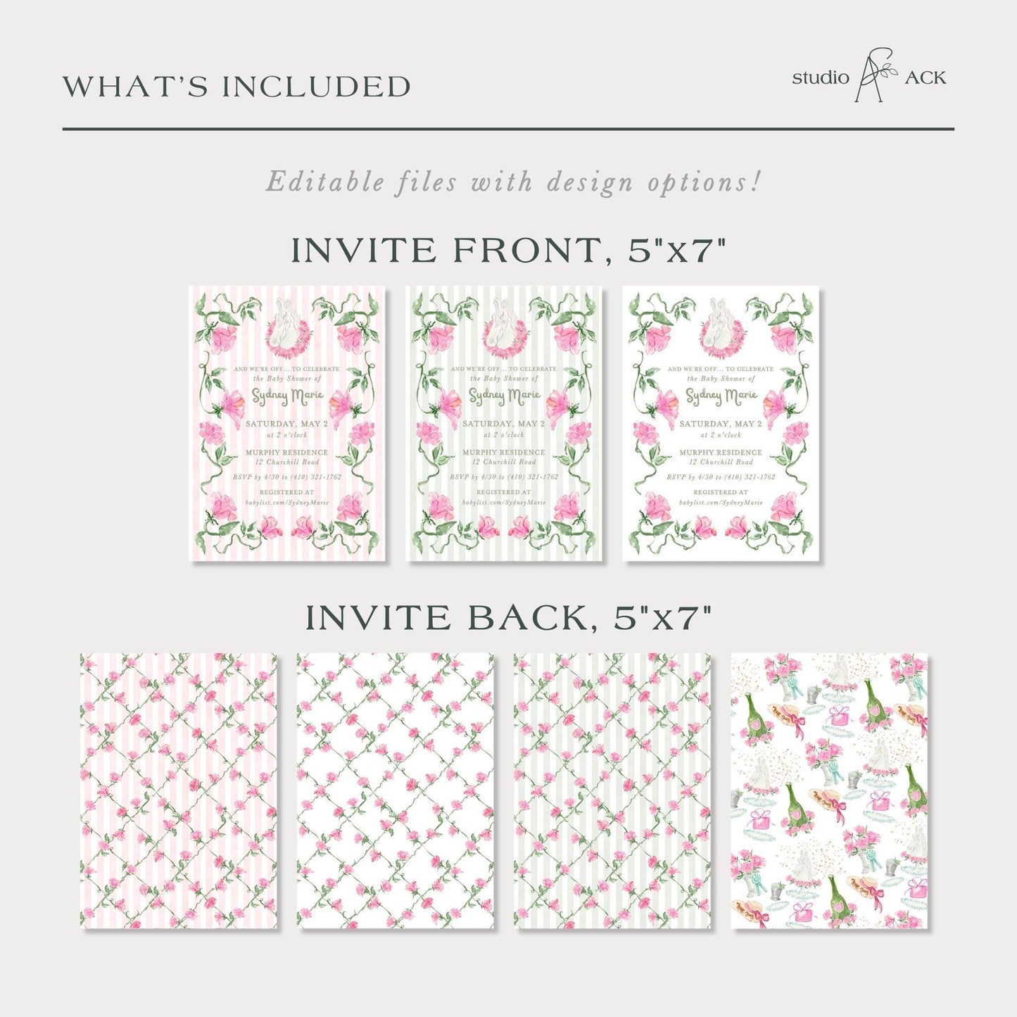 Striped Baby Shower Invitation Template | Green or Pink