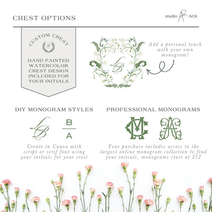 The image is a collage of various monogram styles and options for creating a custom crest. It includes hand-painted watercolor designs, DIY monogram styles, and professional monograms. The image does not contain any text that would describe each individual monogram style or provide additional information about the options available.