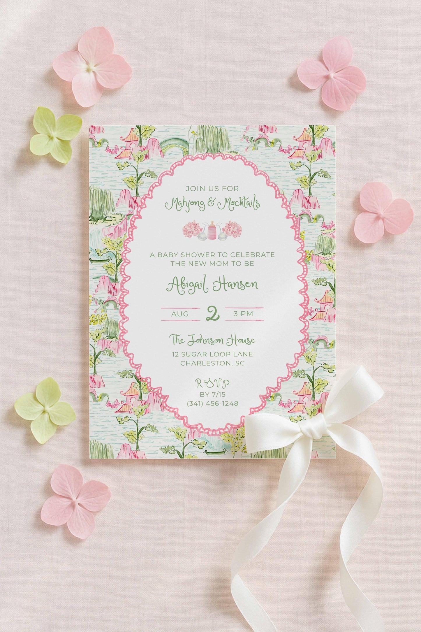 Customizable Shower Invitation Mahjong Theme Digital Download Template Pink Scalloped Border Chinoiserie Pattern Background Editable Text Features Seven Color Options Four Back Variations Elegant Baby Celebration Announcement Expectant