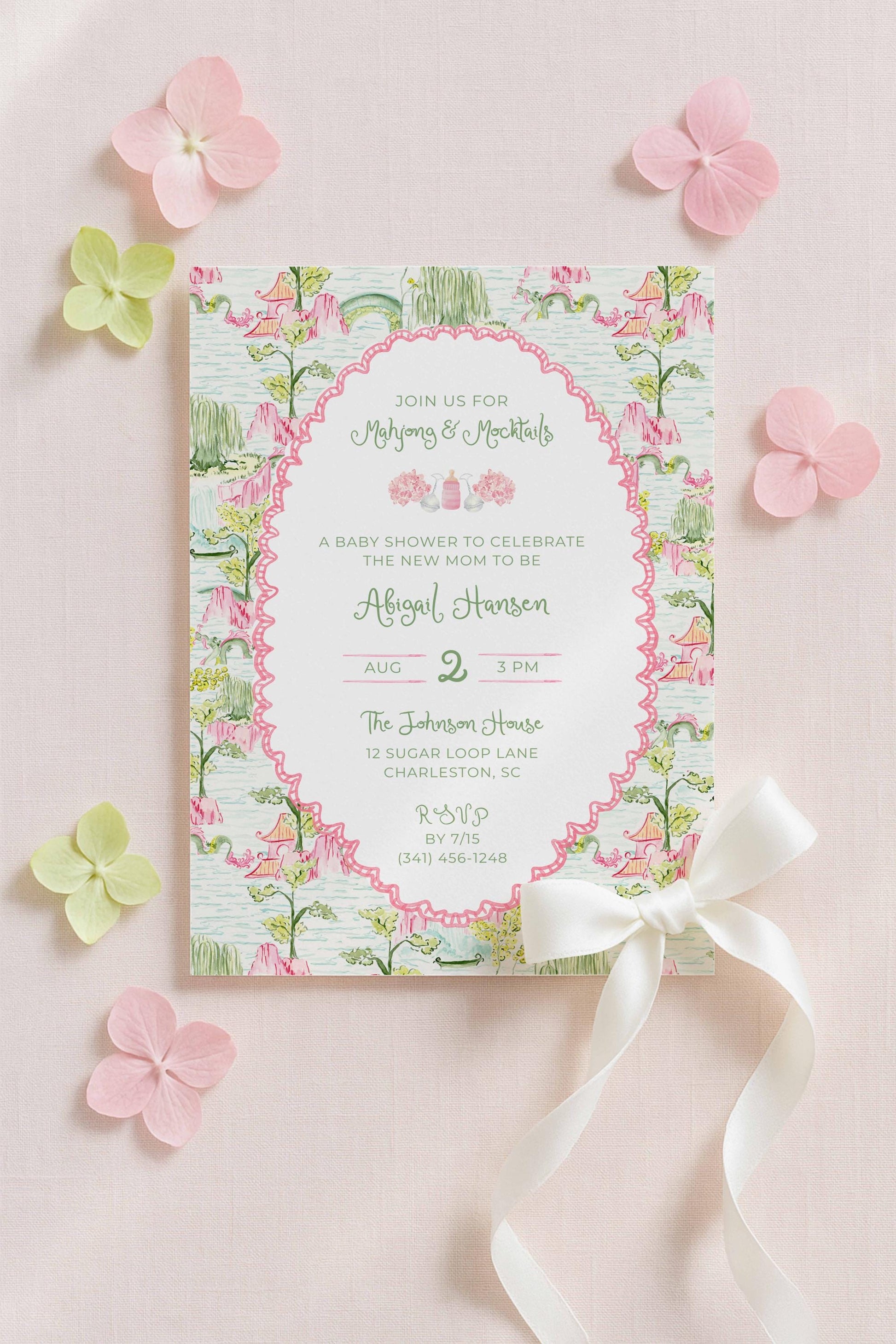 Customizable Shower Invitation Mahjong Theme Digital Download Template Pink Scalloped Border Chinoiserie Pattern Background Editable Text Features Seven Color Options Four Back Variations Elegant Baby Celebration Announcement Expectant