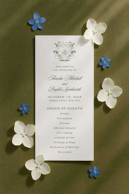 Blue, White & Green Wedding Program Template