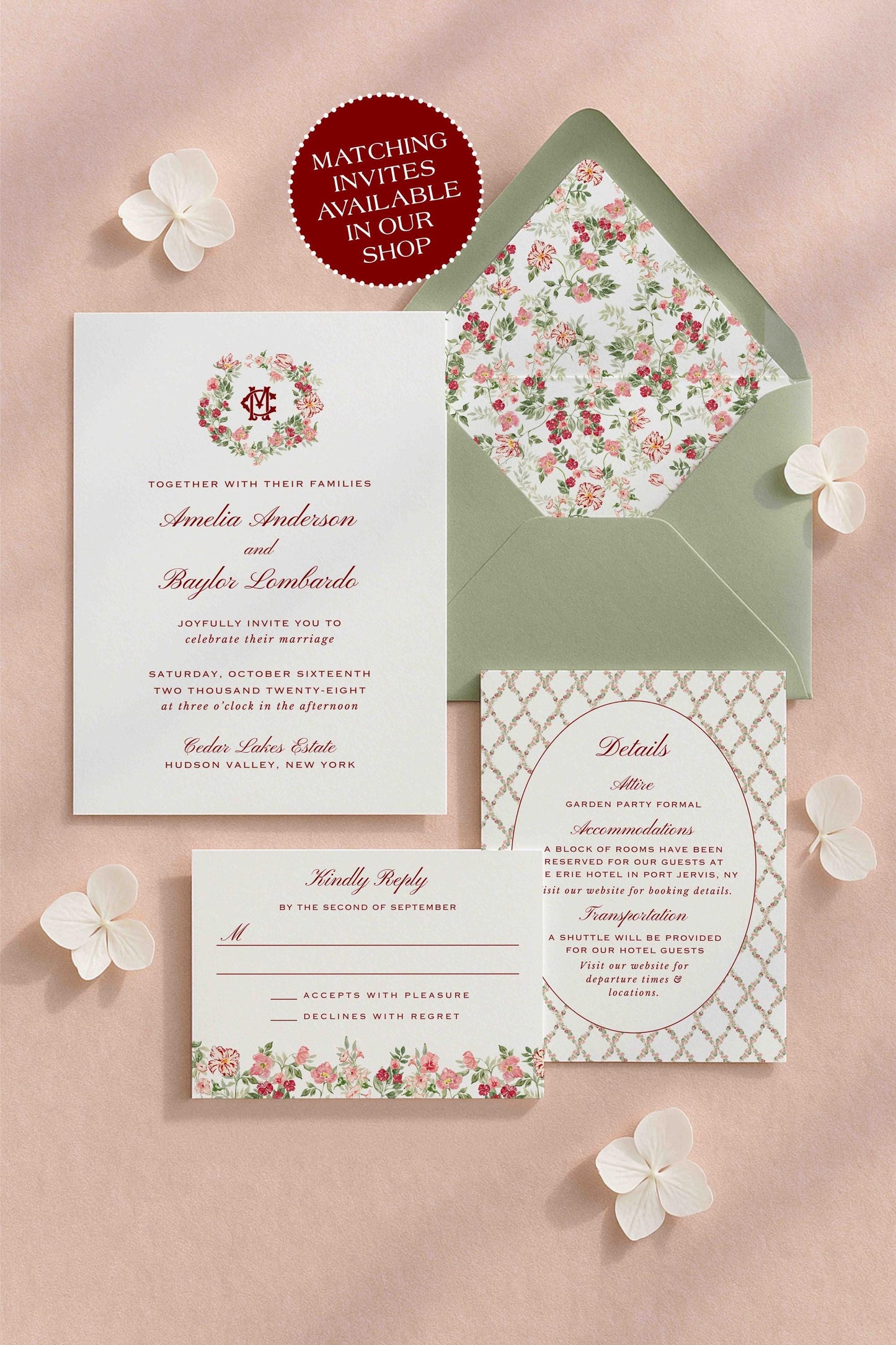 a wedding invitation set against a pink background, with a matching envelope and floral accents.