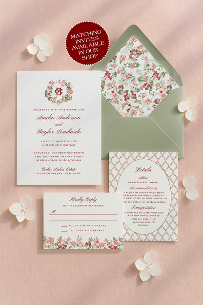 a wedding invitation set against a pink background, with a matching envelope and floral accents.
