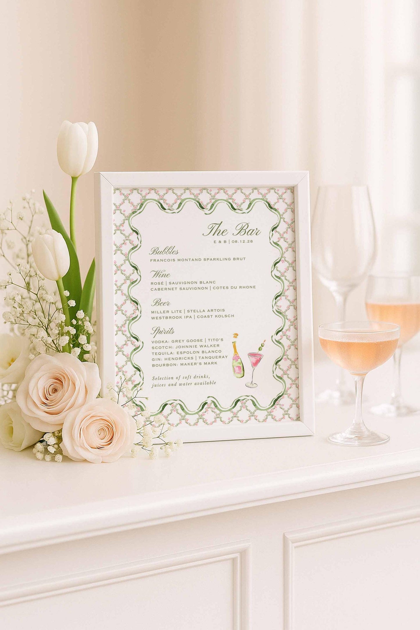 Watercolor Trellis Wedding Bar Menu Template