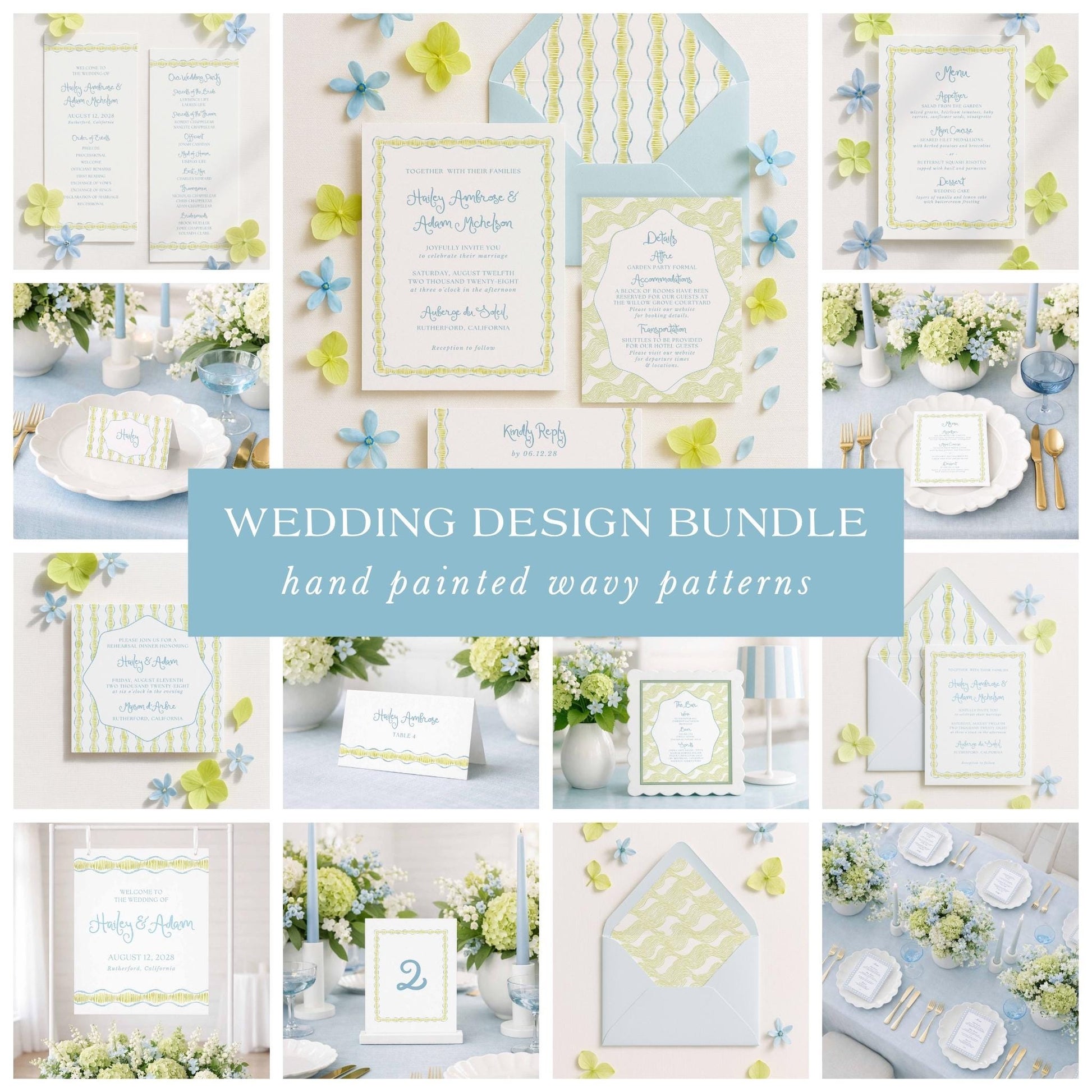 The image is a collage of various wedding design elements, including floral arrangements, table settings, and wedding invitations, all featuring hand-painted wavy patterns in shades of green and blue.