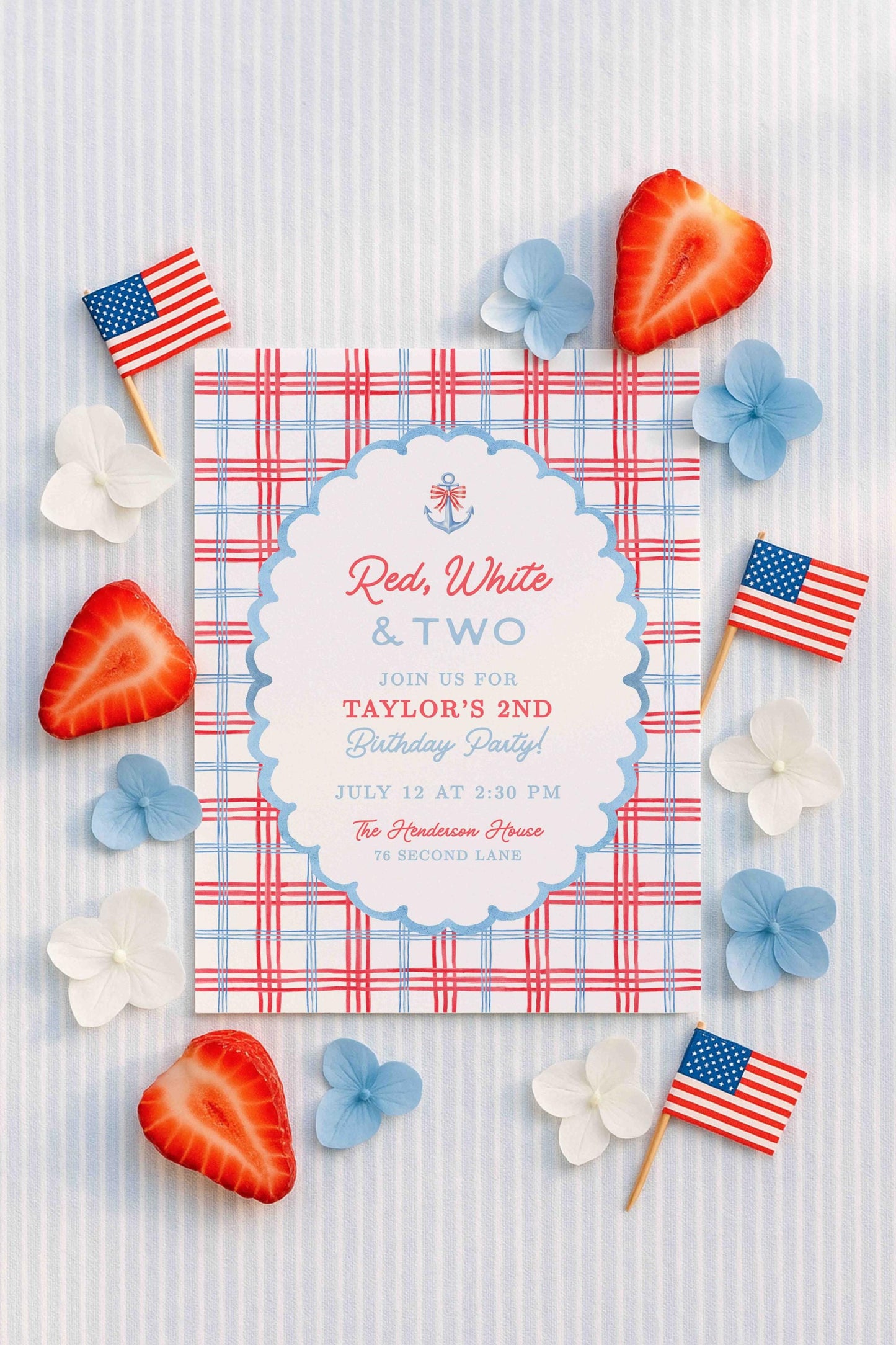 Red, White & Two Birthday Invitation Template