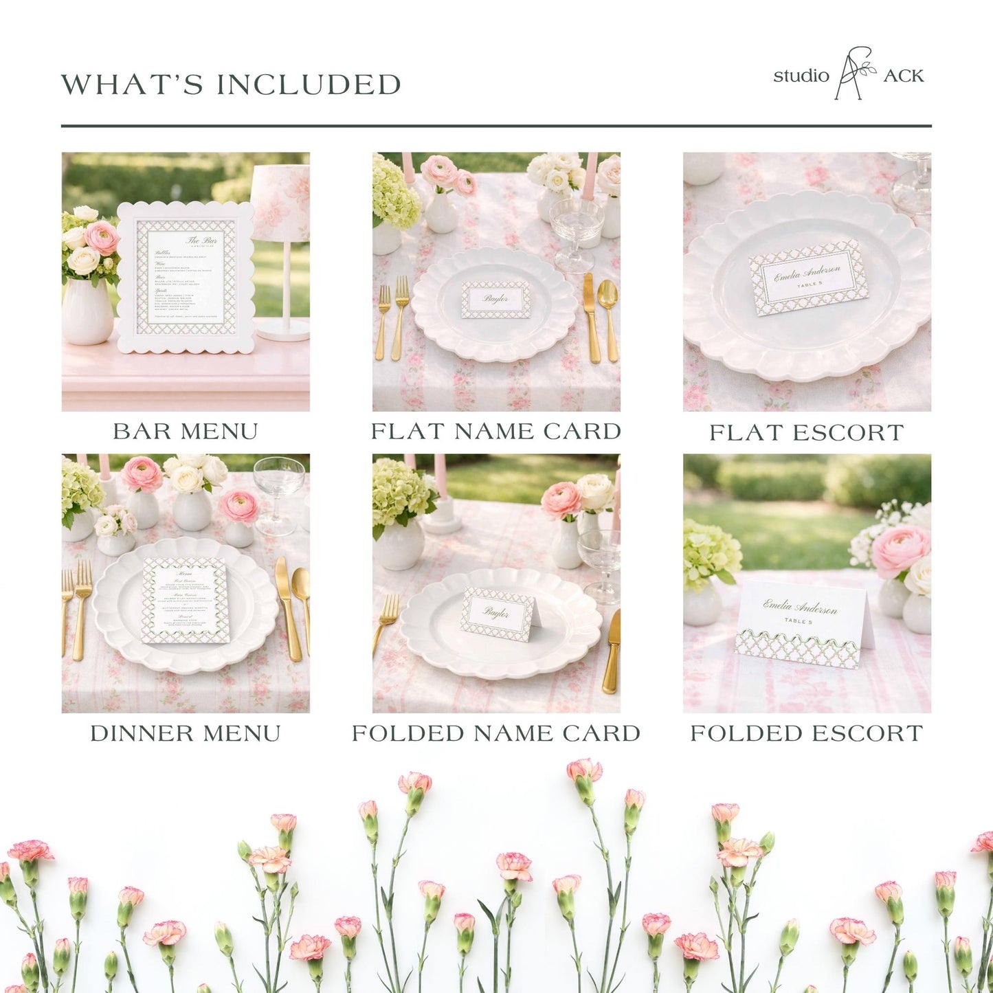 The image is a collage of six images depicting various elements of a wedding reception, including table settings, floral arrangements, and name cards.