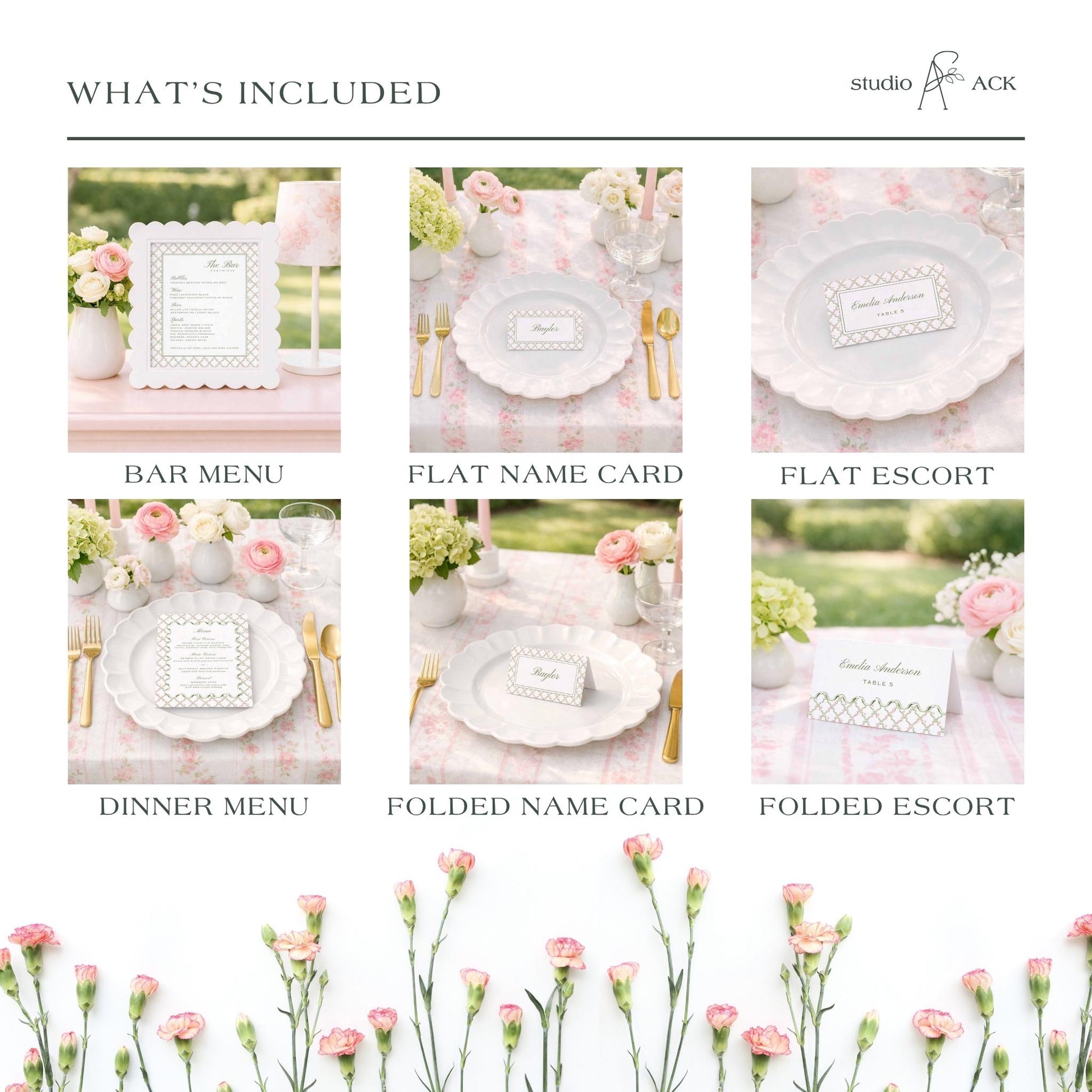 The image is a collage of six images depicting various elements of a wedding reception, including table settings, floral arrangements, and name cards.