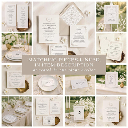 The image is a collage of various wedding-related items, including wedding invitations, place settings, floral arrangements, and other decorative elements, all in a neutral color palette.
