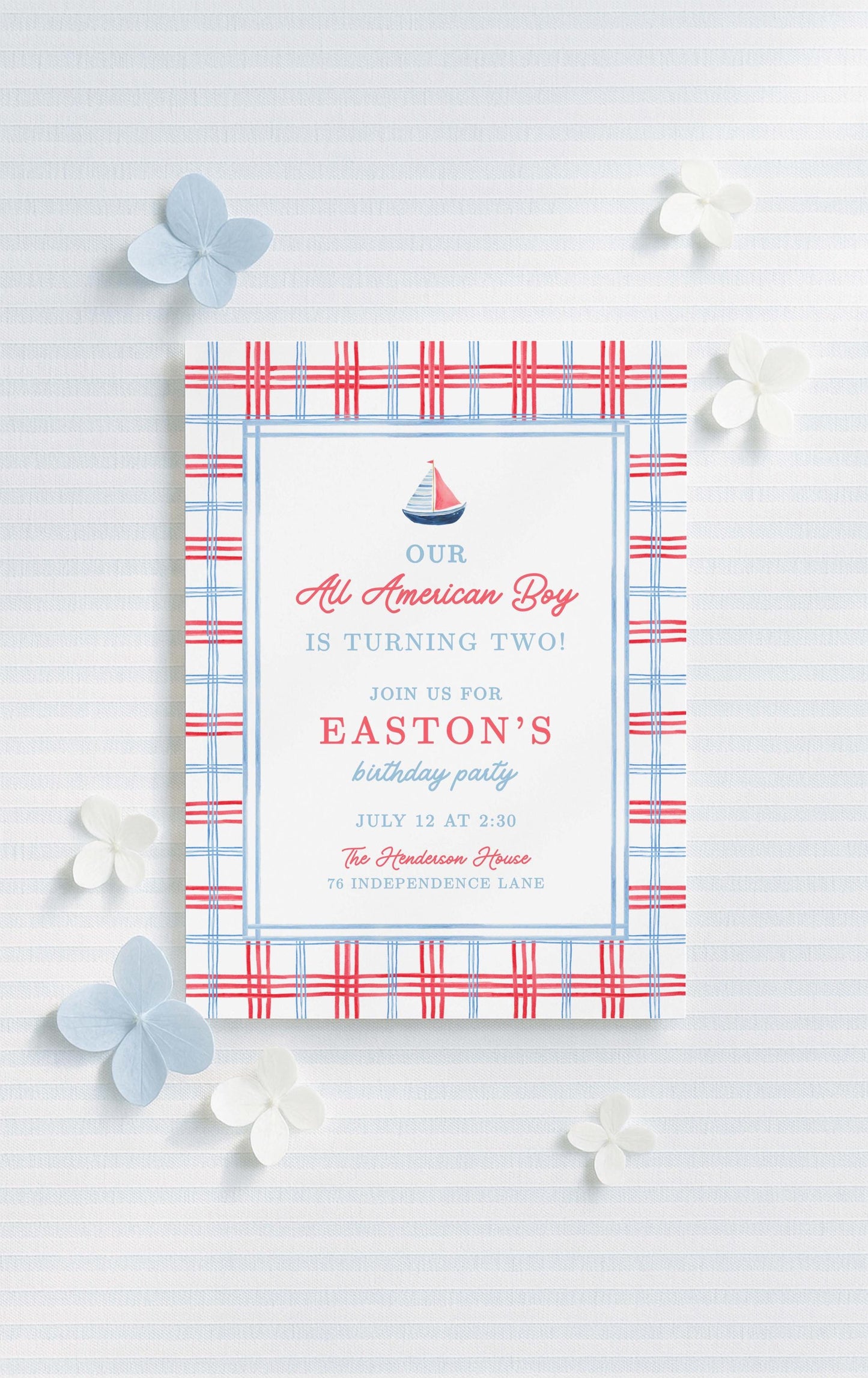 All American Boy Birthday Invitation Template, Red White Blue Striped Boy Birthday Invite, Hand Painted Watercolor Design, Patriotic Party