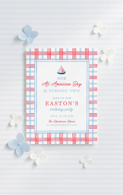 All American Boy Birthday Invitation Template, Red White Blue Striped Boy Birthday Invite, Hand Painted Watercolor Design, Patriotic Party