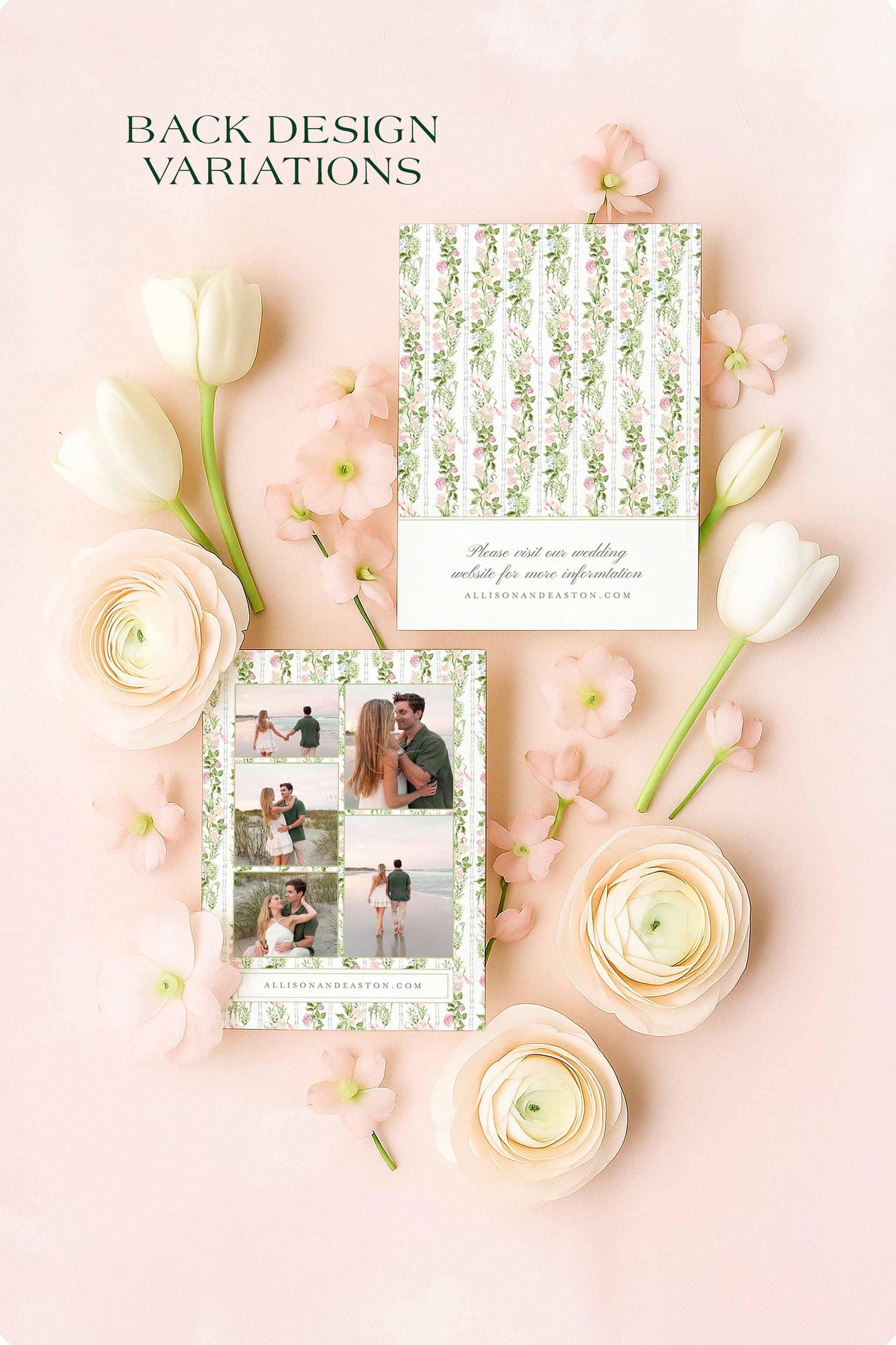 Two watercolor floral Save the Date card backs shown on a blush background, one with a full floral pattern and one with a website section, styled with soft pink and white flowers.