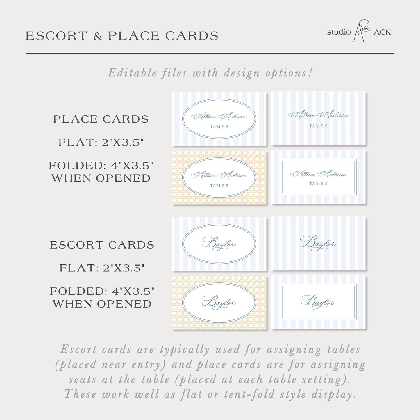 a collection of place cards and escort cards, which are typically used for assigning tables and seating arrangements at events. The place cards are designed to be placed near the entrance and are used for assigning seats at the table. The escort cards are used for assigning tables and are designed to be placed at each table setting. These work well as flat or tent-fold style display.