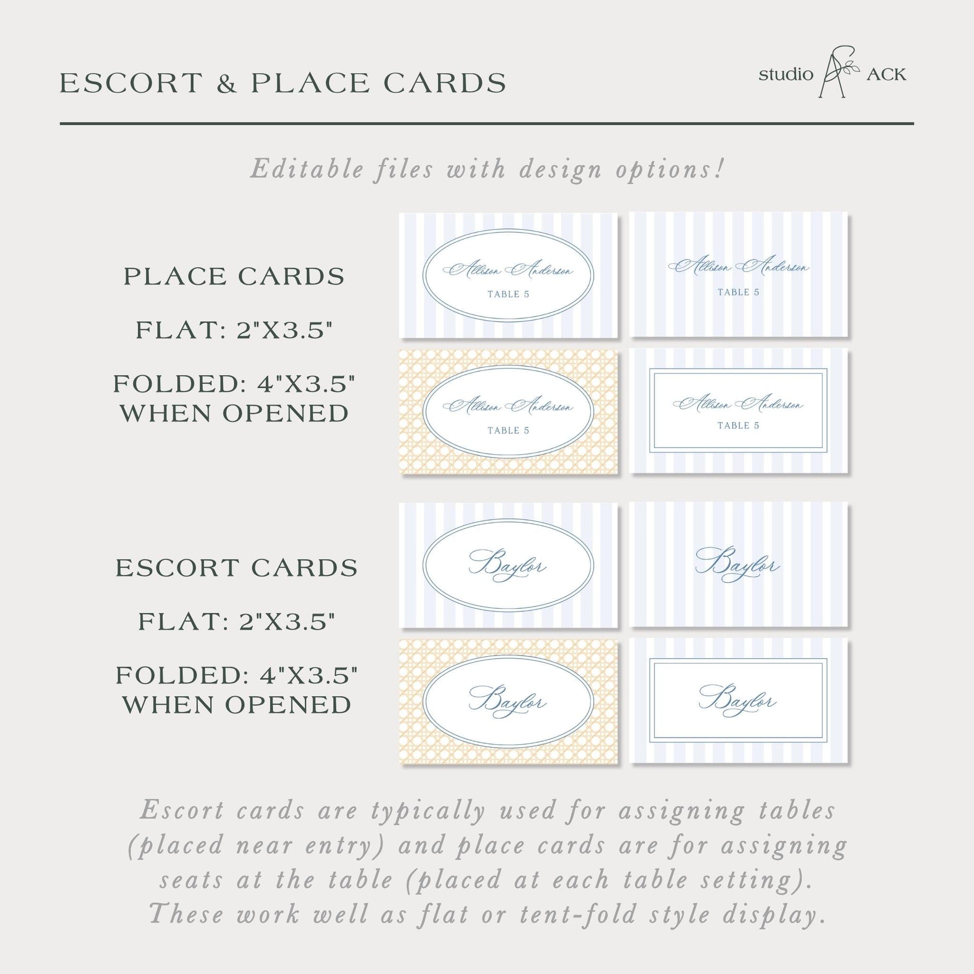 a collection of place cards and escort cards, which are typically used for assigning tables and seating arrangements at events. The place cards are designed to be placed near the entrance and are used for assigning seats at the table. The escort cards are used for assigning tables and are designed to be placed at each table setting. These work well as flat or tent-fold style display.