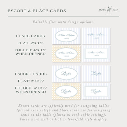 a collection of place cards and escort cards, which are typically used for assigning tables and seating arrangements at events. The place cards are designed to be placed near the entrance and are used for assigning seats at the table. The escort cards are used for assigning tables and are designed to be placed at each table setting. These work well as flat or tent-fold style display.