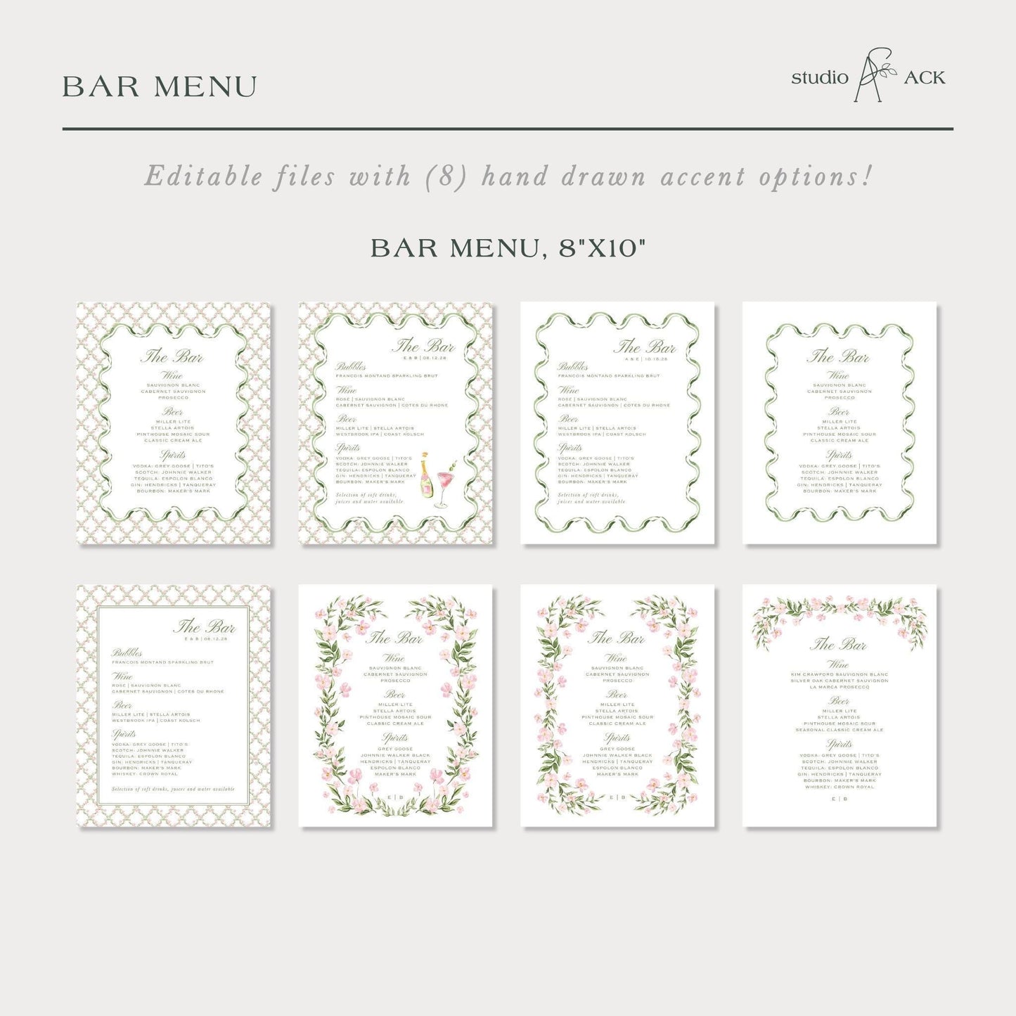 Watercolor Trellis Wedding Bar Menu Template