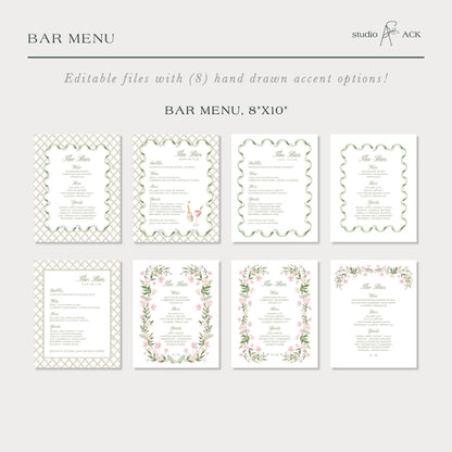 Watercolor Trellis Wedding Bar Menu Template