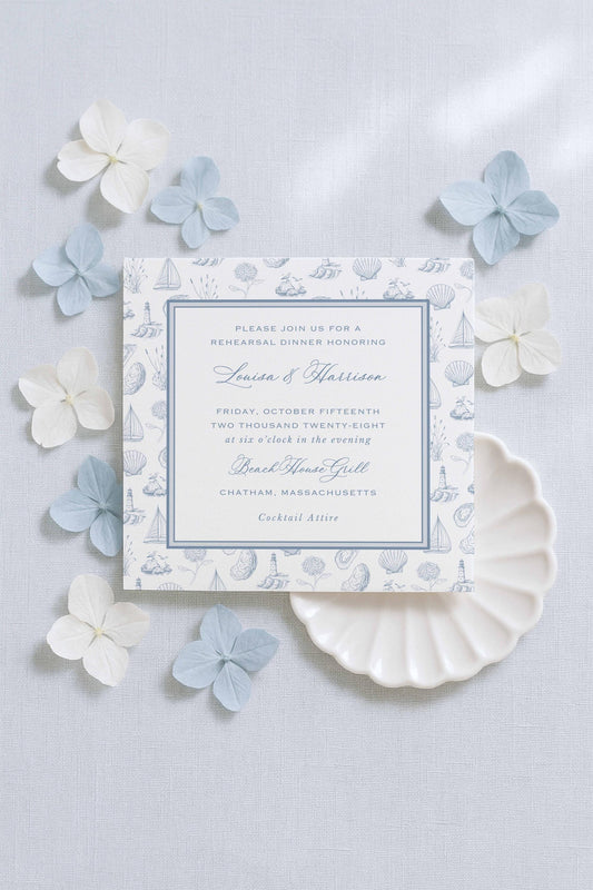 Coastal Toile Rehearsal Dinner Invitation