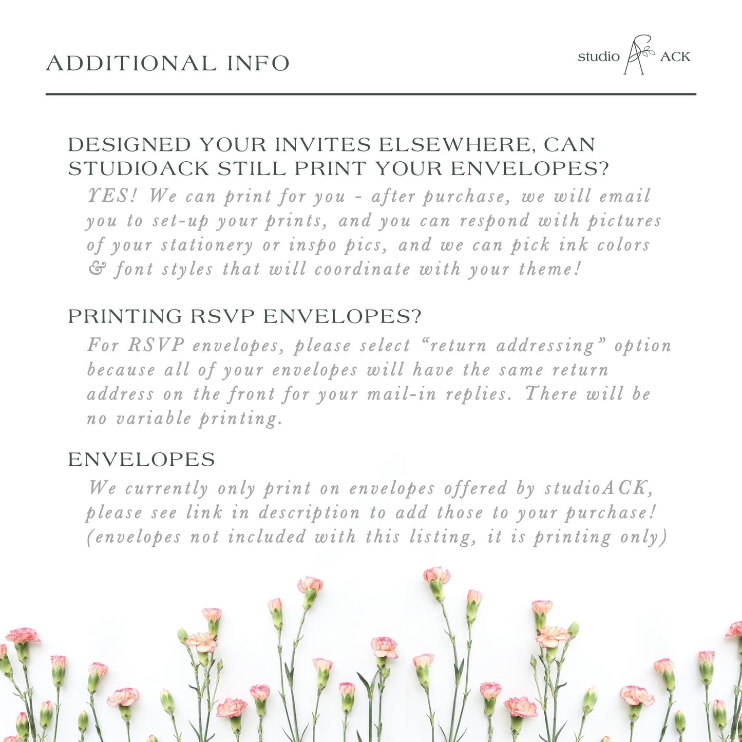 Envelope Addressing ADD-ON | Professional Printing | Printed Return or Variable Guest Addresses | Printing on studioACK Envelopes
