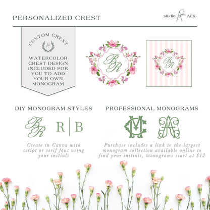 The image is a collage of three different monogram designs, including a custom crest, DIY monogram styles, and professional monograms. The monogram designs feature floral motifs and are presented in various styles, such as cursive and serif fonts. The collage showcases the versatility and customization options available for monograms, allowing users to create their own unique designs.