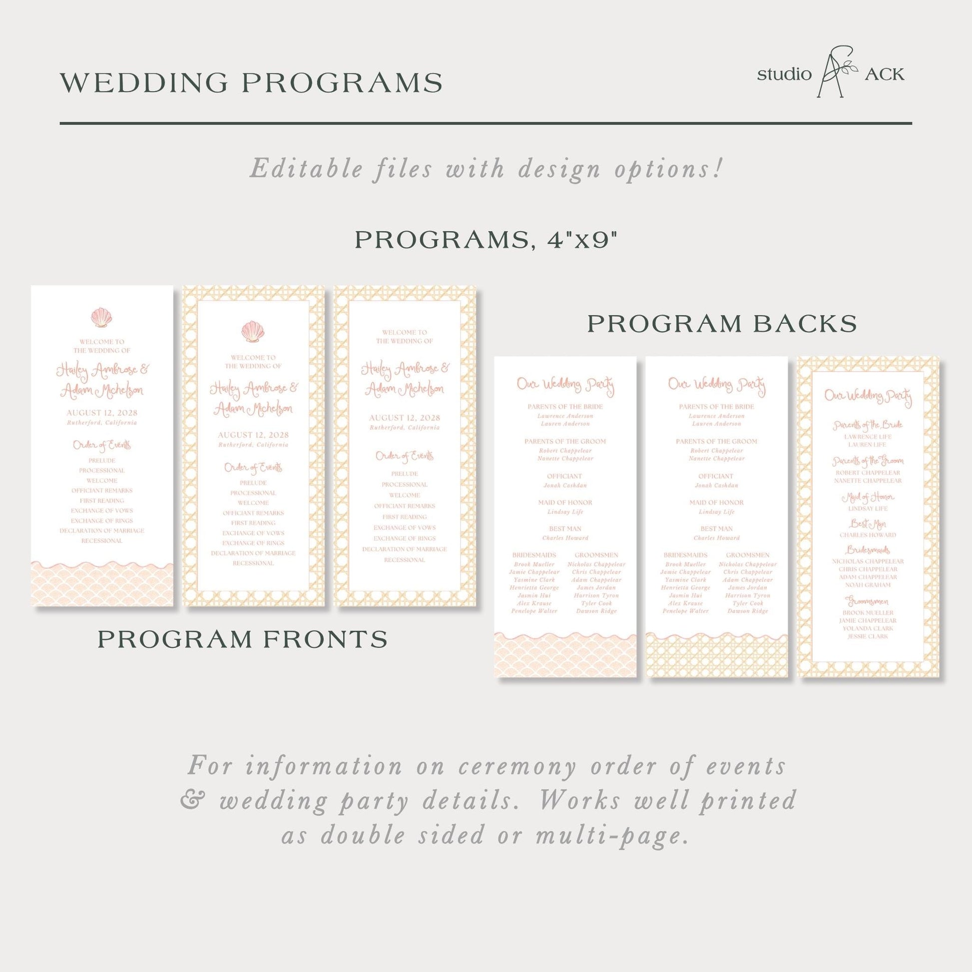 a collection of wedding programs, including program backs and program fronts, with various designs and layouts.