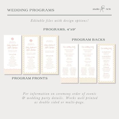 a collection of wedding programs, including program backs and program fronts, with various designs and layouts.