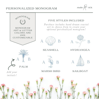 The image is a personalized monogram featuring five different styles, each represented by a unique letter and color combination. The styles include a palm, a seashell, a hydrangea, a marshes bird, and a sailboat. The monogram is customizable, allowing the user to choose their preferred style from the available options.