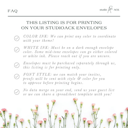 Envelope Addressing ADD-ON | Professional Printing | Printed Return or Variable Guest Addresses | Printing on studioACK Envelopes