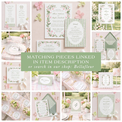 The image is a collage of various wedding-related items, including invitations, stationery, floral arrangements, and other decorative elements, all featuring a matching color scheme of pink and green.