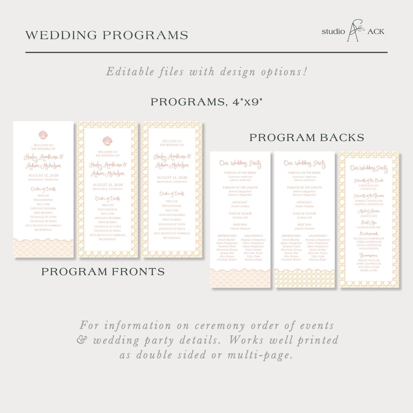 a collection of wedding programs, including program backs and program fronts, with various designs and layouts.