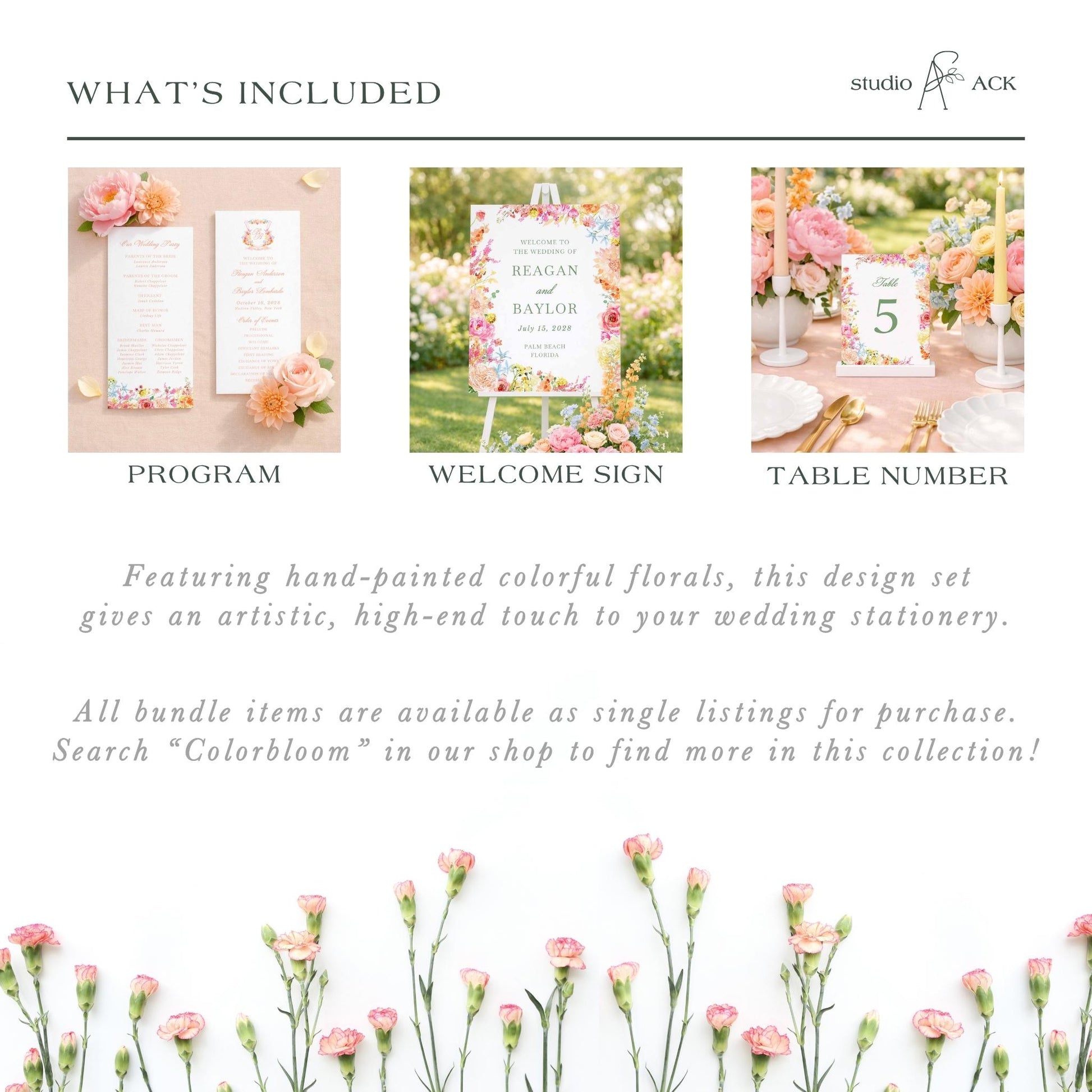 The image is a collage of three images, each depicting different aspects of wedding stationery and floral arrangements. The first image shows a program, the second image displays a welcome sign, and the third image shows a table number. The text in the image provides information about the items included in the design set, stating that all bundle items are available as single listings for purchase and that the viewer can search for "Colorbloom" in the shop to find more in this collection.