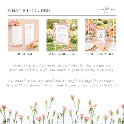 The image is a collage of three images, each depicting different aspects of wedding stationery and floral arrangements. The first image shows a program, the second image displays a welcome sign, and the third image shows a table number. The text in the image provides information about the items included in the design set, stating that all bundle items are available as single listings for purchase and that the viewer can search for "Colorbloom" in the shop to find more in this collection.