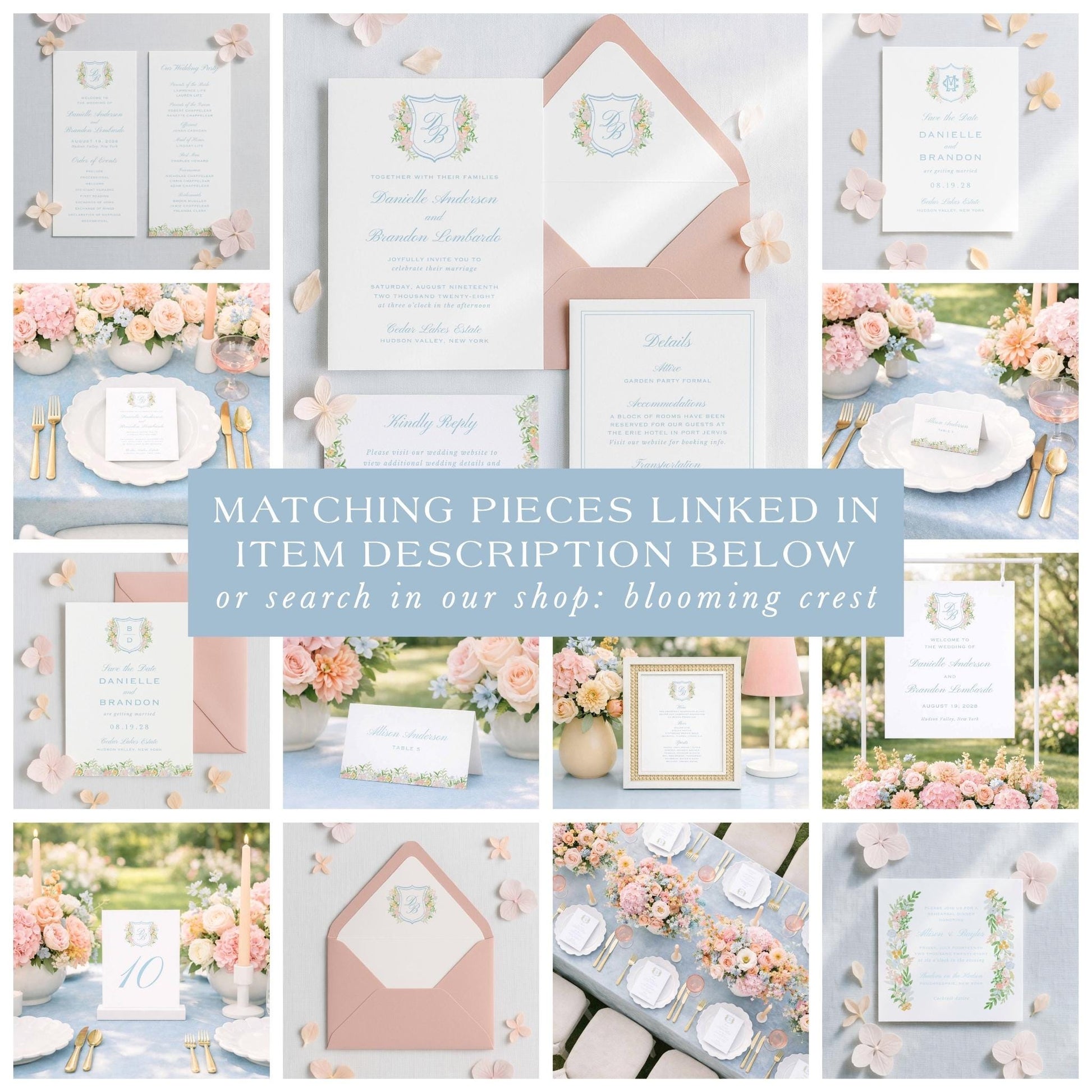The image is a collage of various wedding-related items, including invitations, stationery, floral arrangements, and other decorative elements, all featuring a matching color scheme of pink and white.