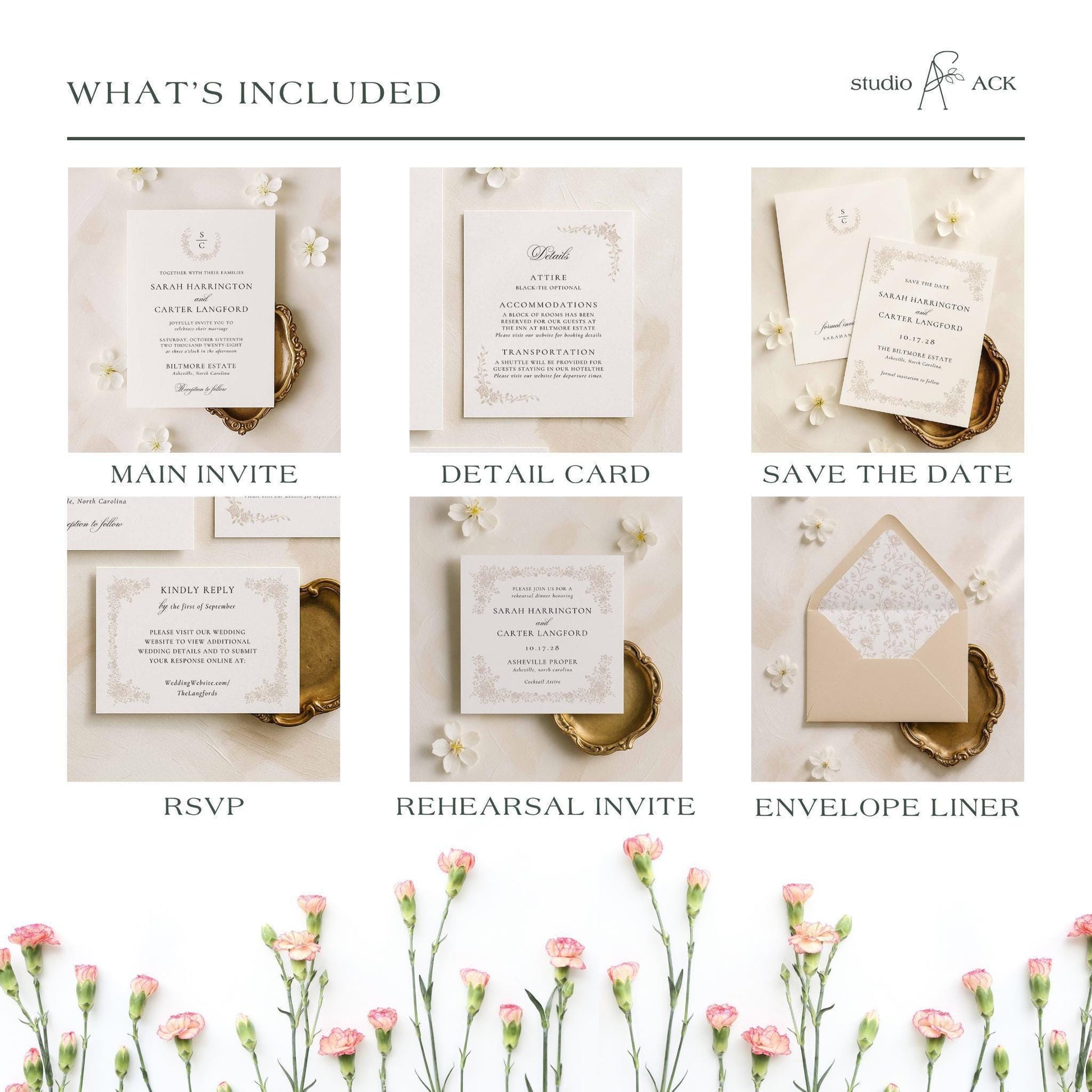 Romantic botanical wedding template collection featuring invitations, menus, signs, and stationery in soft neutral tones.