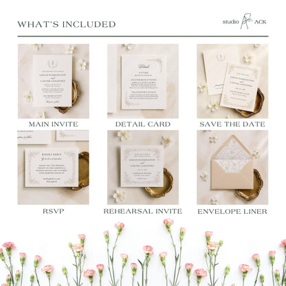 Romantic botanical wedding template collection featuring invitations, menus, signs, and stationery in soft neutral tones.