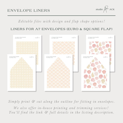 The image is an advertisement for envelope liners, featuring various designs and patterns that can be printed and cut along the outline for fitting into envelopes. The ad also offers in-house printing and trimming services, and provides a link and full details in the listing description.