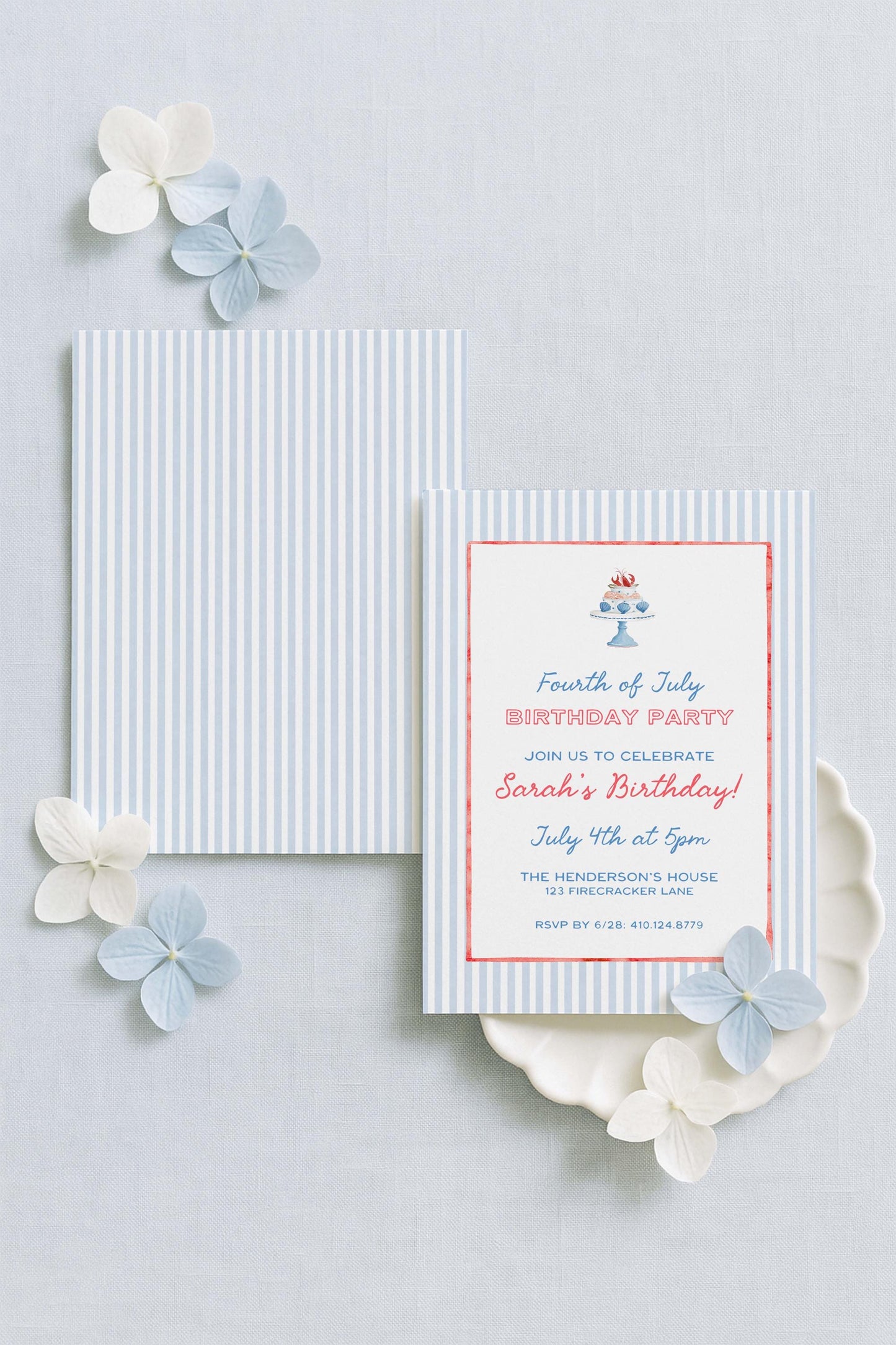 Fourth of July Birthday Invitation Template, Coastal Red White & Blue Preppy Watercolor, Summer Party Invite for Adult Birthdays, Americana