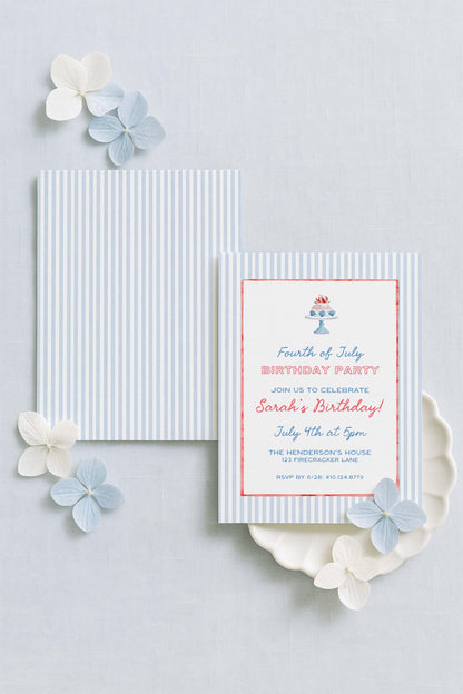 Fourth of July Birthday Invitation Template, Coastal Red White & Blue Preppy Watercolor, Summer Party Invite for Adult Birthdays, Americana