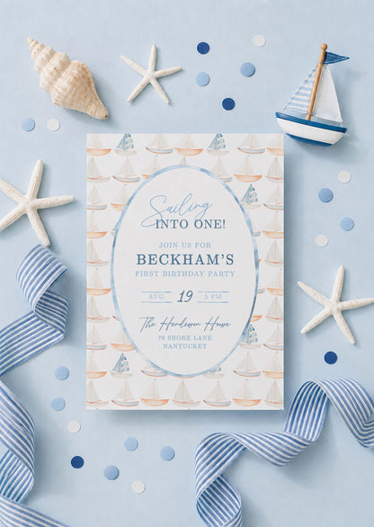 First Birthday Invite Template, Nautical Sailing Into One Boy 1st Birthday Party, Baby Boy Nautical Theme, Hand Painted Watercolor Sailboat