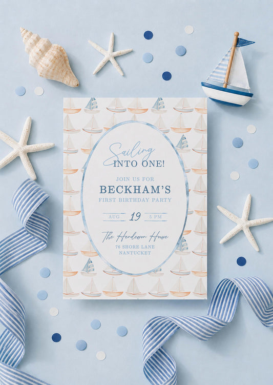 Sailing Into One Nautical First Birthday Invitation Template