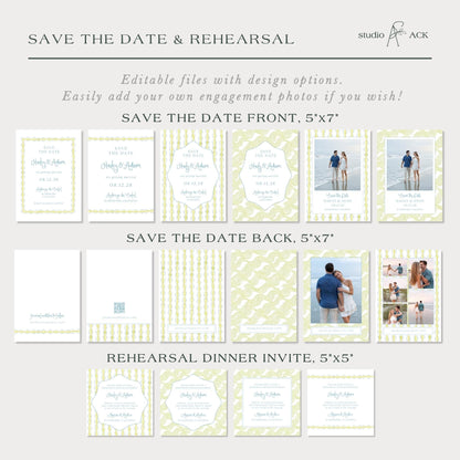 a collection of wedding invitation designs, including save the date and rehearal dinner invites, with various designs and layouts for couples to choose from.