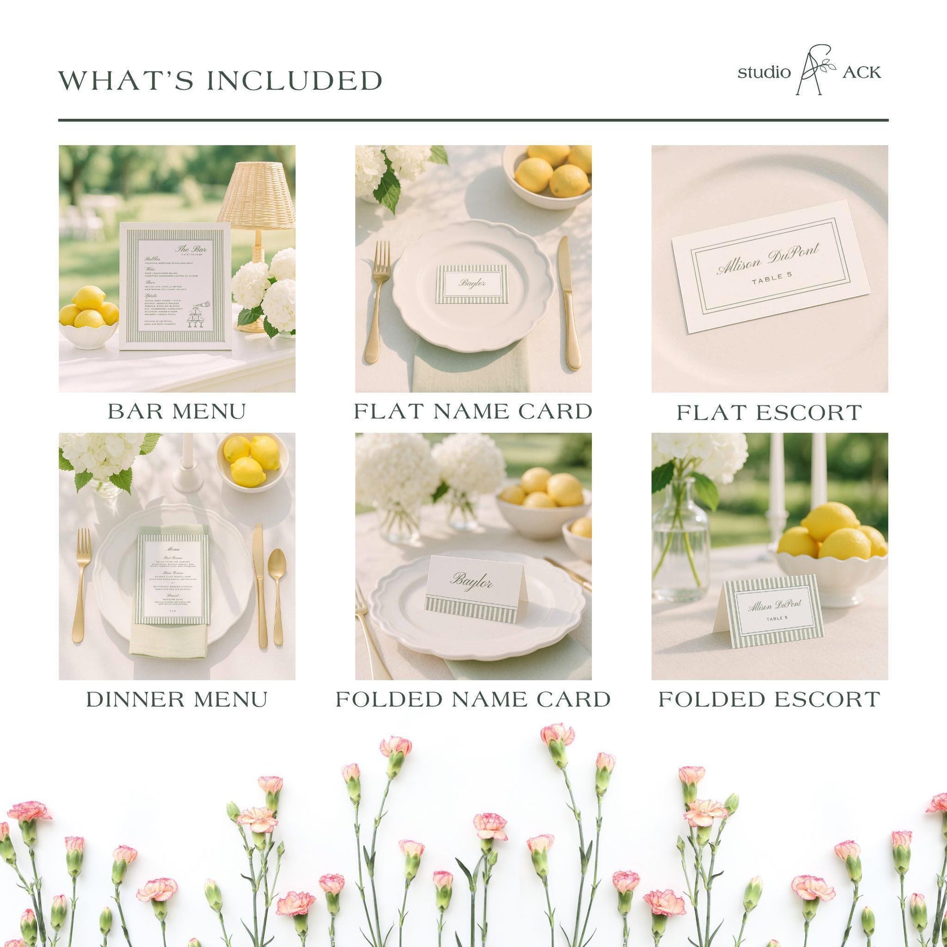 Hand-painted green stripe wedding design collection shown with multiple coordinating stationery pieces.