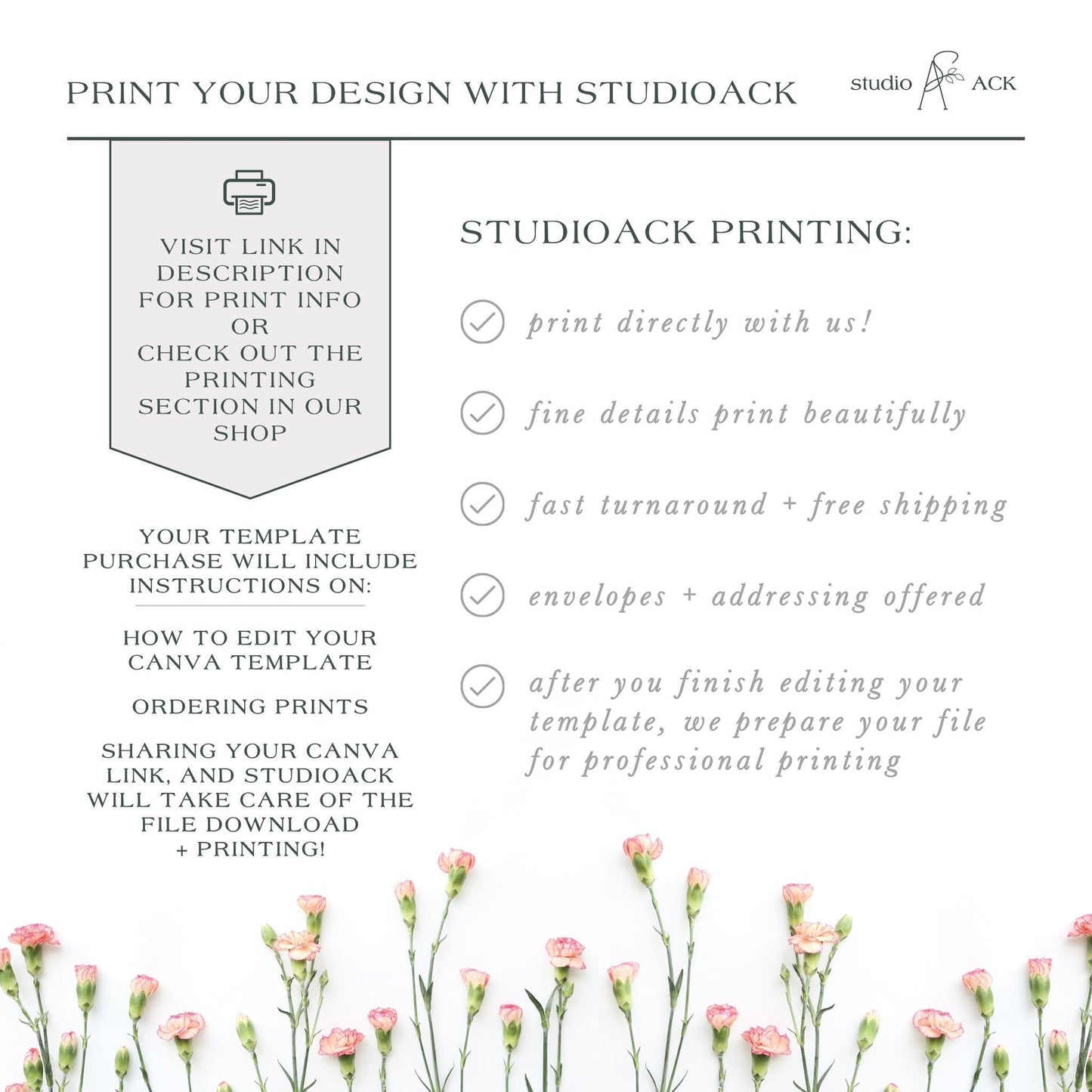 a floral background with a text box containing information about StudioAck printing services.