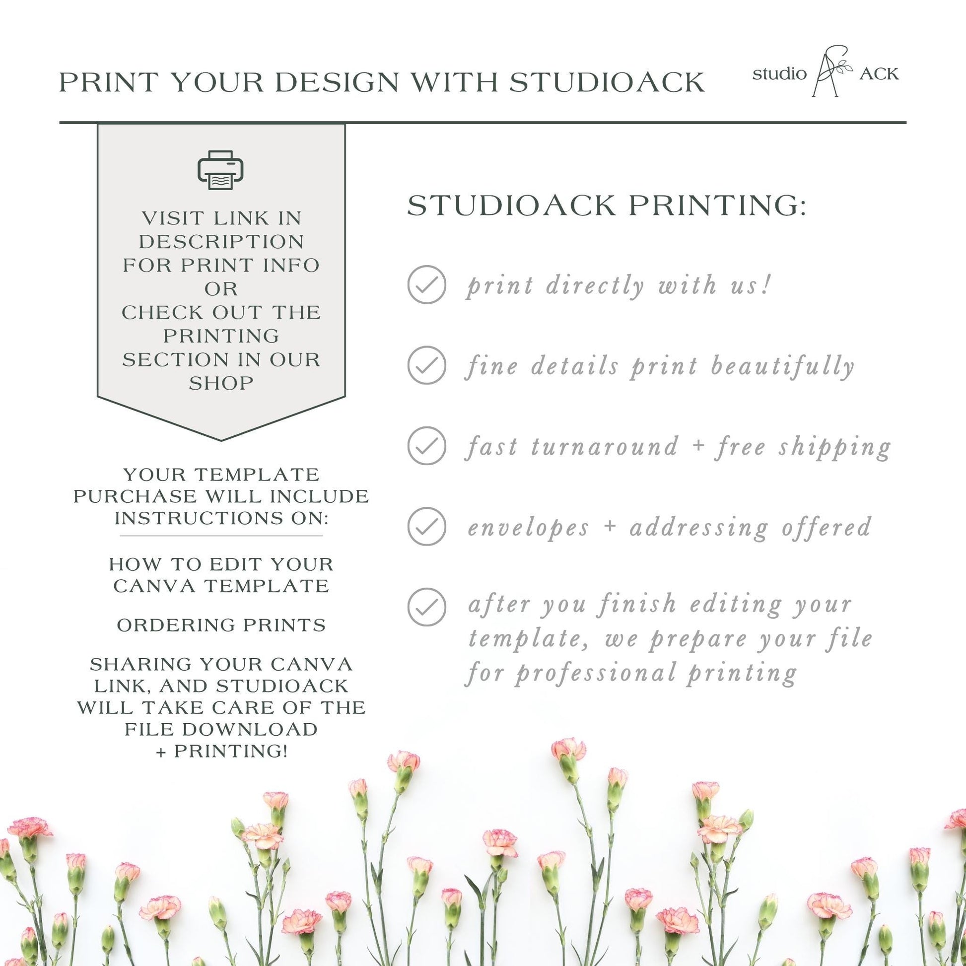 a floral background with a text box containing information about StudioAck printing services.