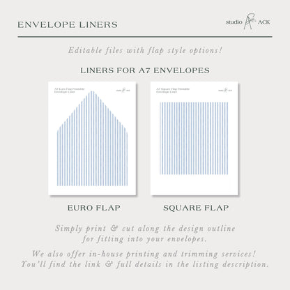 The image is a collection of two envelope liners, one for A7 envelopes and the other for A5 envelopes. The liners are designed with a simple, clean, and elegant style, suitable for fitting into various envelope sizes. The image also includes text that provides information about the liners, such as their size and the services offered, including in-house printing and trimming.