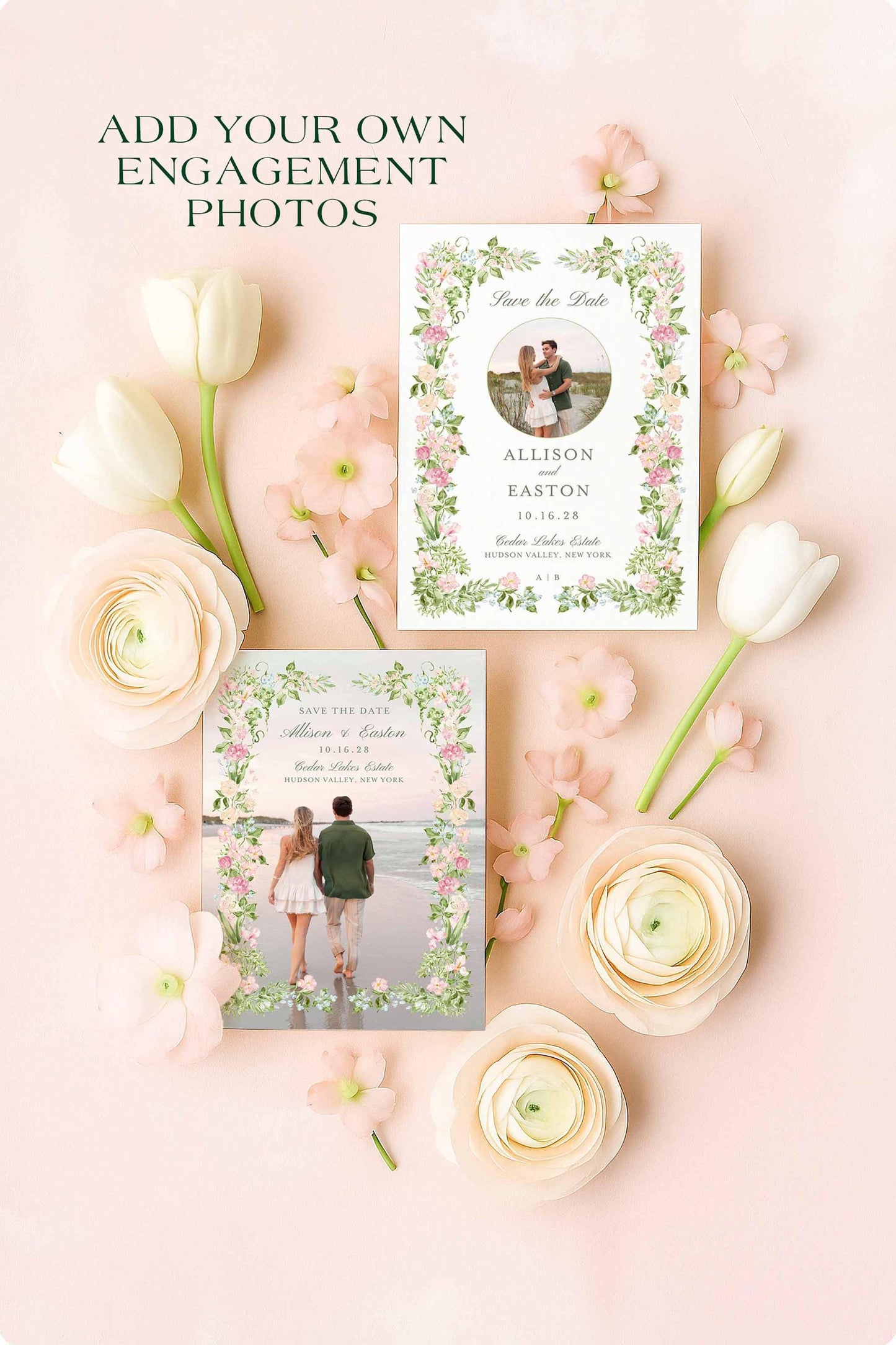 Editable Save the Date cards with engagement photo placeholders, displayed among white ranunculus and pastel blooms on a blush textured background.