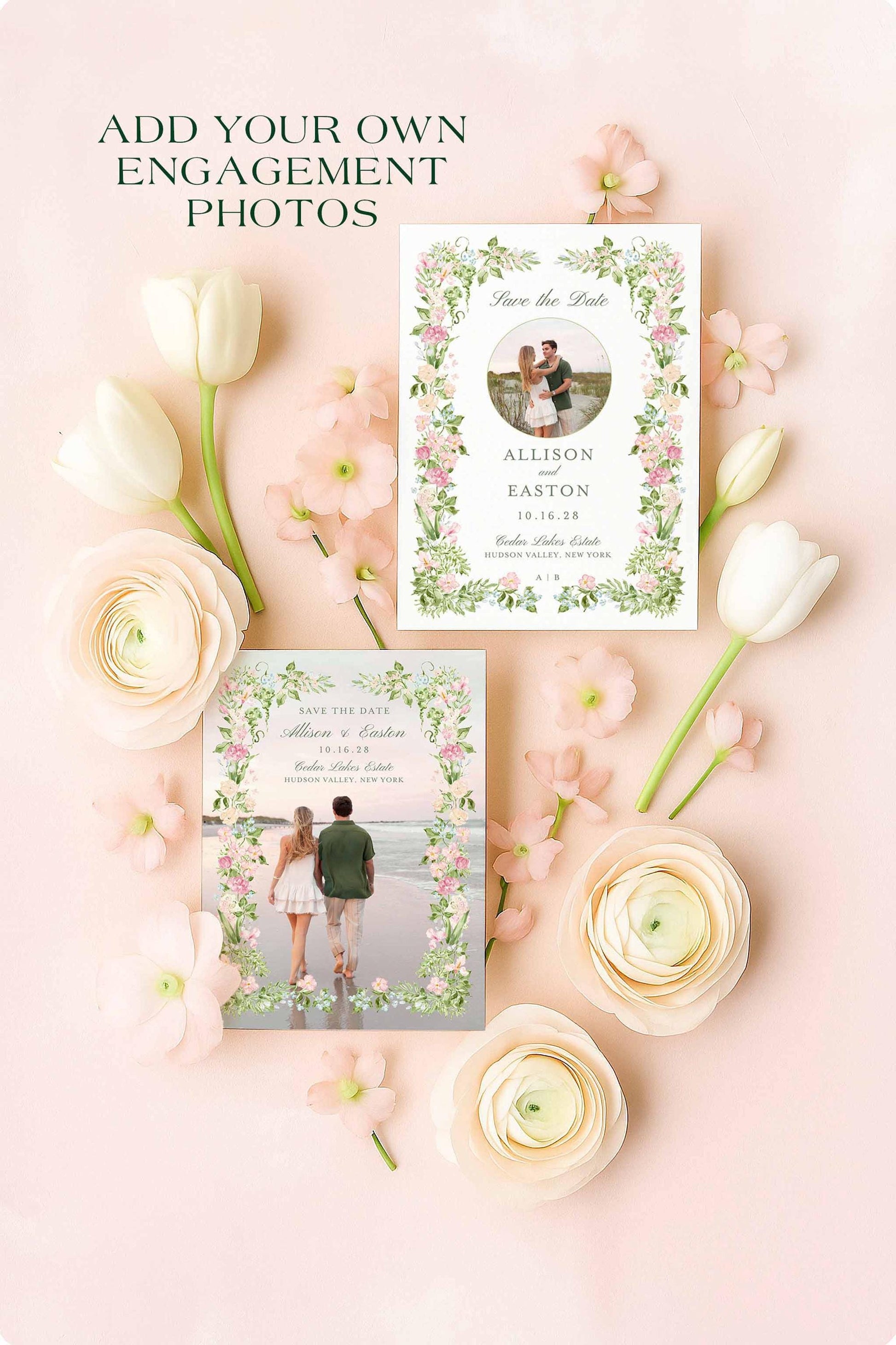 Editable Save the Date cards with engagement photo placeholders, displayed among white ranunculus and pastel blooms on a blush textured background.