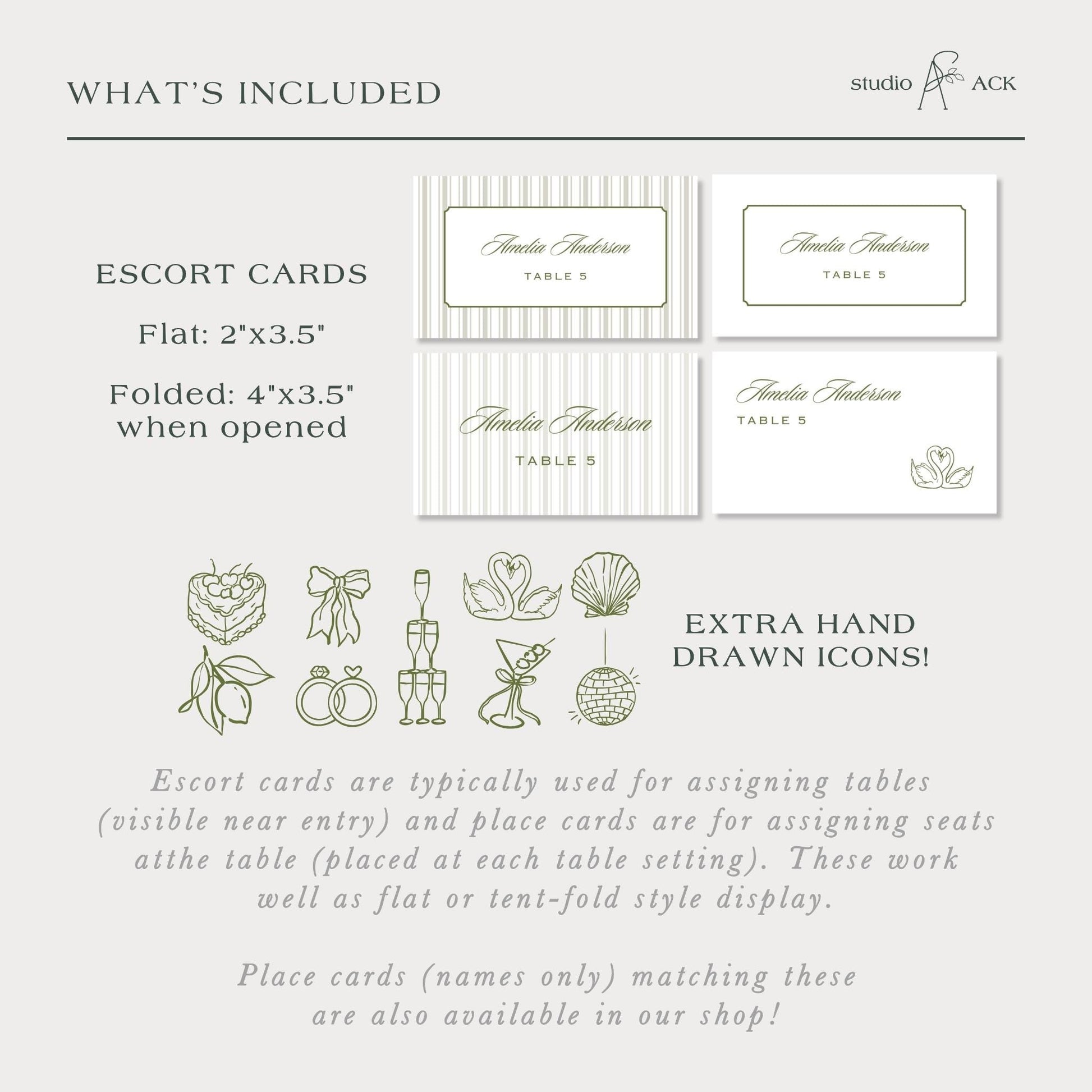 a collection of table settings and table cards, including flat cards and folded cards, as well as hand-drawn icons. The cards are typically used for assigning tables near the entrance and seating at the table, and place cards are for assigning seats at the table. These work well as flat or tent-fold style display. The cards are available in the shop, and place cards ( Names only) matching these are also available in the shop.